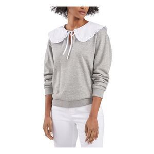 RILEY&RAE Womens Gray Oversized-collar Keyhole-tie Long Sleeve Split Top S